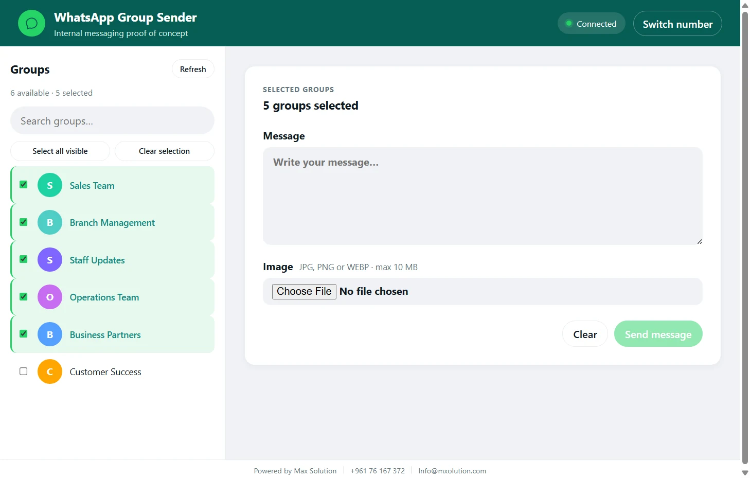 WhatsApp Group Sender desktop application showing several WhatsApp groups selected and ready to receive one message